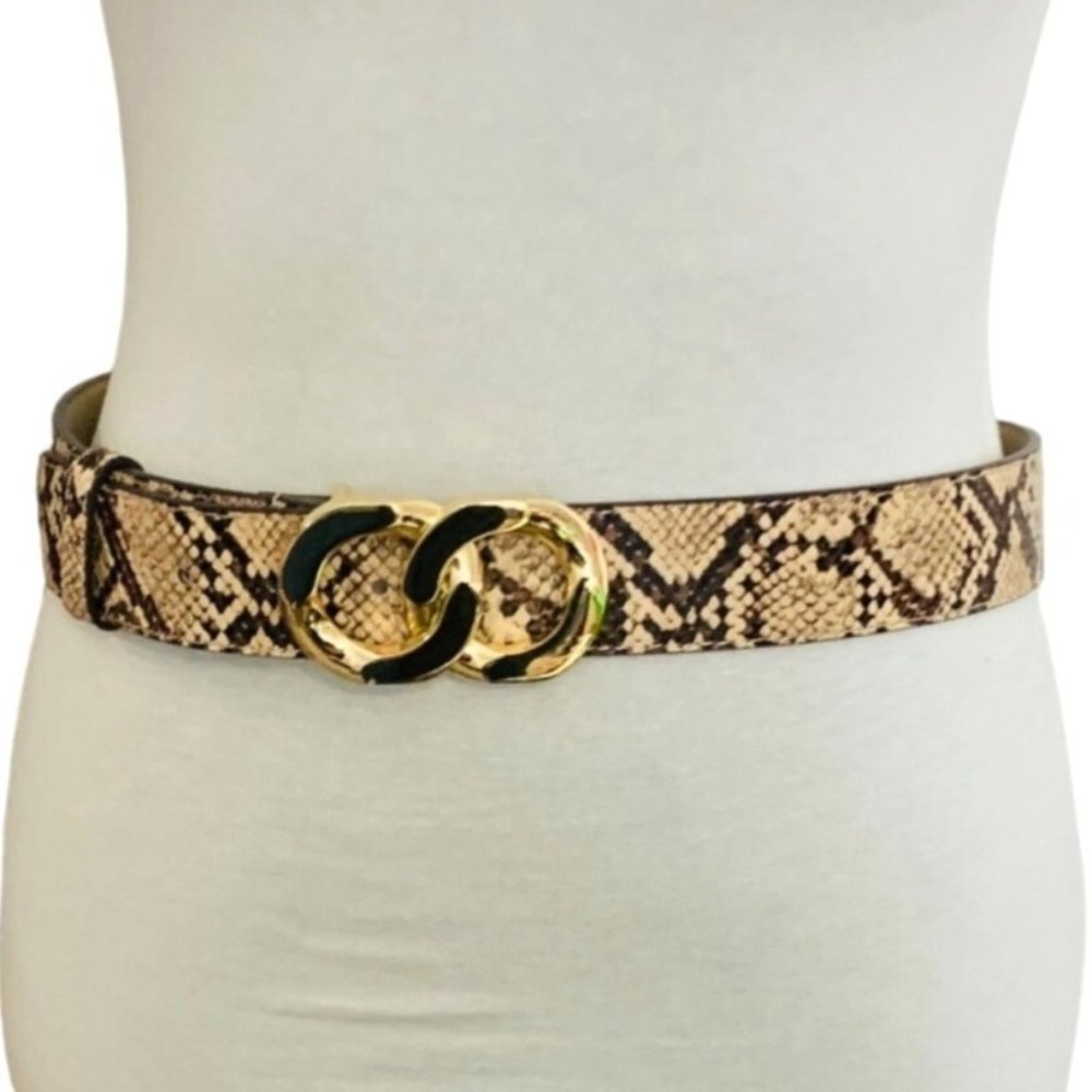 Faux Leather Snake Print Belt Womens Medium Infinity Buckle Gold Tone Brown Tan